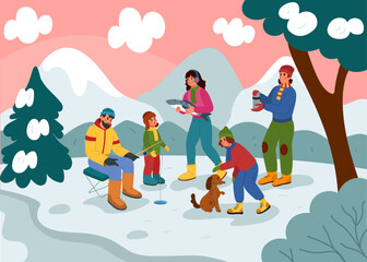 Naklejka premium Winter landscape fishing. Family in nature, angling together. Tree in snow. Forest with ice mountains on background. Sports fishery during vacation. Vector cartoon flat isolated tidy illustration