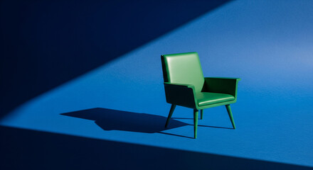 Green Armchair Casting Shadow on Blue Minimalist Background