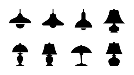 Collection of black lamp silhouettes isolated on white background
