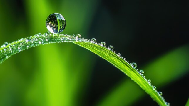 Macro shot of a single dewdrop resting on a blade of grass, reflecting the surrounding green foliage and sunlight - Powered by Adobe