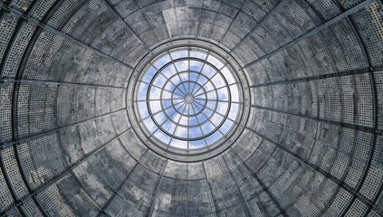 Fish-eye view of perforated glass and metal panels resembling a high-tech dome ceiling with spherical geometric patterns and radial lines.