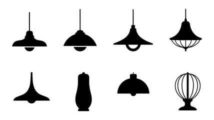 Collection of hanging light fixture silhouettes isolated on white background