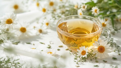 Herbal camomile tea on a plain background, beneficial beverage choice