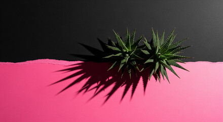 Green Succulent Plants on Pink and Black Background with Shadows