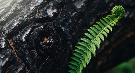 Vibrant green fern frond unfurling against dark textured bark.