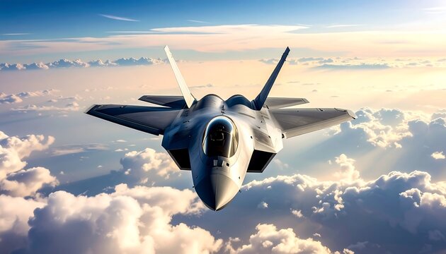 Sleek fighter jet soars through the sky, surrounded by a blanket of clouds illuminated by sunlight - Powered by Adobe