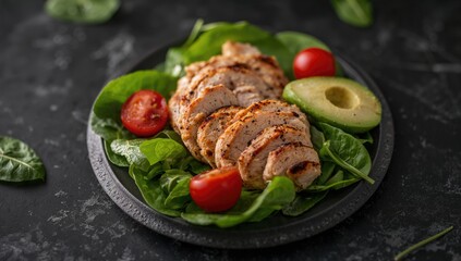 Grilled chicken breast paired with avocado salad featuring spinach and cherry tomatoes on a dark stone surface, protein-rich meal