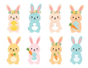 Fototapeta premium Cartoon bunnies in pastel shades with floral crowns, carrots, and Easter eggs