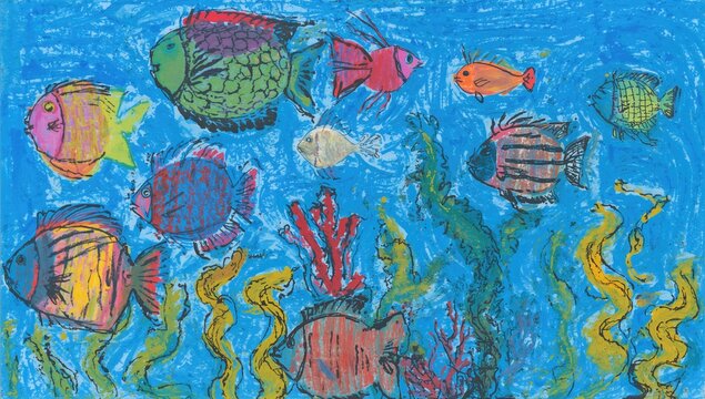 Child's artwork depicting aquatic life, vibrant colors and textures, educational tool for marine awareness