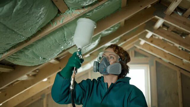 installer fits insulation in attic. respirator and coverall worn while glove grips tool. beam and ceiling frame window. installer continues installation process. material layered for thermal barrier.