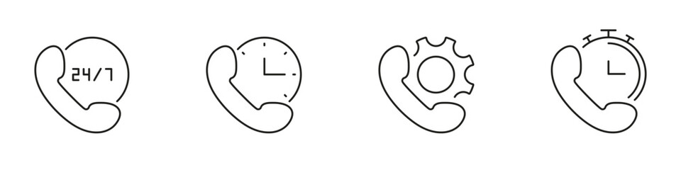 Phone Service Line Icon Set. 24-7 Support, Time Management, Technical Assistance, And Quick Response Outline Symbol. Customer Service And Communication. Editable Stroke. Isolated Vector Illustration