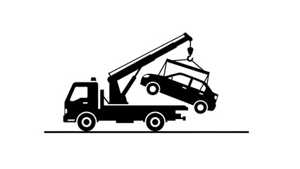 Black icon of a tow truck lifting a vehicle, symbolizing roadside assistance, breakdown recovery, or car removal