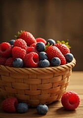 Vibrant mix of fresh berries in a rustic basket create a delicious scene