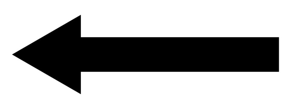 Black directional arrow pointing left, indicating previous, back, return, or showing a movement to the west.