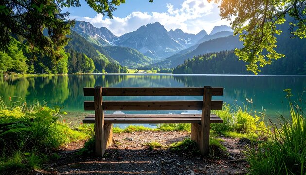 Serene lake framed by lush greenery, a bench in the foreground inviting quiet reflection amidst majestic mountains - Powered by Adobe