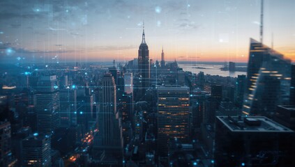 Blurry digital interface arrows layered over a New York skyline, illustrating modern communication and urban connectivity