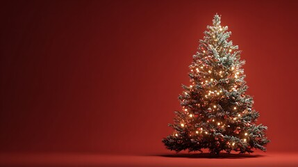 Obraz premium A beautifully decorated christmas tree adorned with warm white lights stands against a rich deep red background evoking a festive holiday spirit