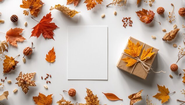 Autumn-themed arrangement featuring paper card mockup and craft gift box, suitable for seasonal invitations