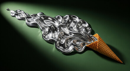 Waffle Cone Pouring Metallic Liquid on Orange Background