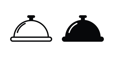 Restaurant Food Serving Cloche Icon Set, Outline and Filled Silhouette of Covered Tray, Hotel Room Service or Cuisine Graphic Symbol, Isolated Vector Illustration