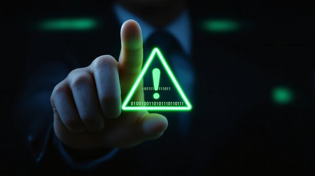 Cybersecurity alert warning sign with binary code and hand for online security and threat detection