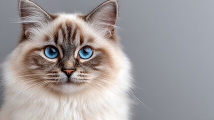 Obraz premium Close-Up Portrait of a Ragdoll Cat with Stunning Blue Eyes and Fluffy Coat on Neutral Background