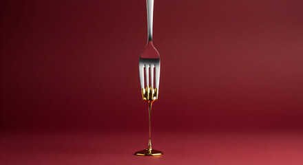 Fork Dripping Golden Syrup on Red Background