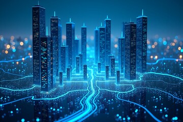 A futuristic cityscape built on a glowing circuit board, with illuminated skyscrapers and digital pathways representing smart technology integration. Blue and orange lights create a high-tech, cyberpu