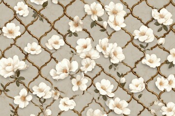Cream Quatrefoil Floral Pattern Wallpaper