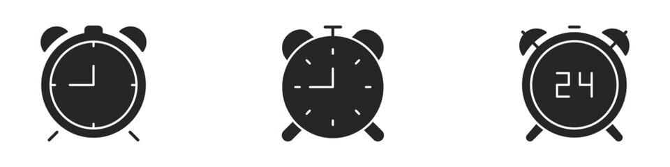 Alarm Clock Solid Icon Set. Time Management, Punctuality, And 24-Hour Schedule Silhouette Symbol Collection. Classic And Digital Clock Designs. Isolated Vector Illustration