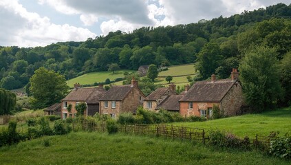 Fototapeta premium Charming cottages nestled in tranquil surroundings, reflecting rural life, preservation