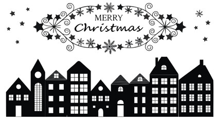 Fototapeta premium Whimsical black silhouette of a snowy village under a merry christmas greeting with stars and snowflakes