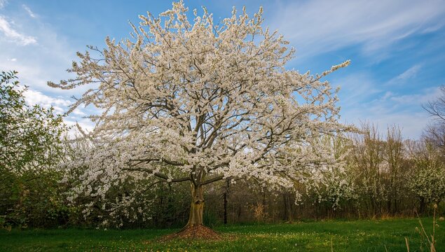 Fototapeta A crabapple tree adorned with vibrant white blossoms during springtime, showcasing seasonal change