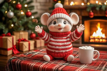 An adorable cartoon mouse wearing a red and white striped knitted sweater and a pom-pom hat. She sits on a checkered table in front of a fireplace and Christmas tree.