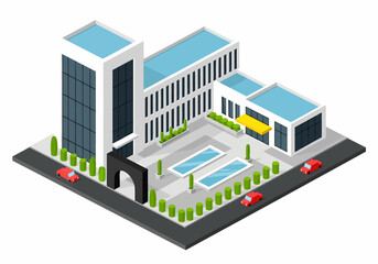 A clean, isometric vector illustration depicting a modern architectural complex with a prominent glass tower, a central courtyard featuring two reflective pools, and minimalist landscaping