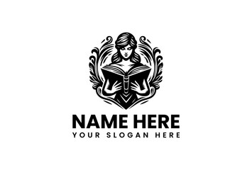 Elegant Woman Reading a Book as a Logo Design with Decorative Elements