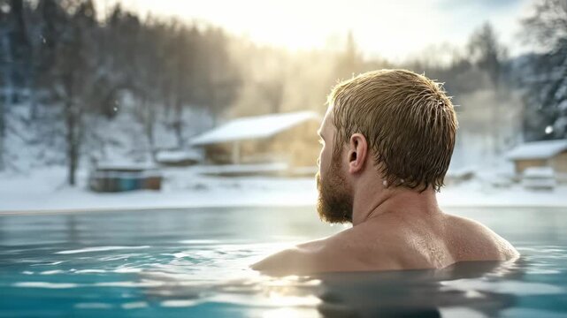 This is a video clip of a man relaxing in a warm outdoor pool surrounded by snow during the daytime. He is practicing body hardening and cold exposure conditioning for better health