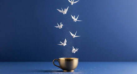 Golden Cup with Floating Origami Cranes