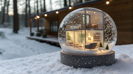 A modern snow globe featuring a cozy tiny house interior sitting in a snowy forest.