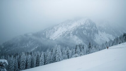 Obraz premium Hiking through a snowy mountain landscape surrounded by fog and forest, winter exploration