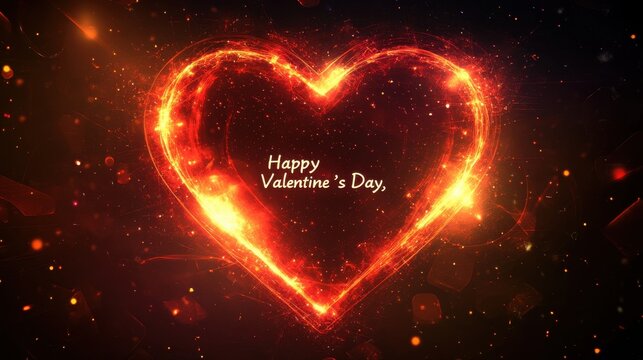 Fiery heart shape with glowing particles and text happy valentines day on a dark background, symbolizing love and romance