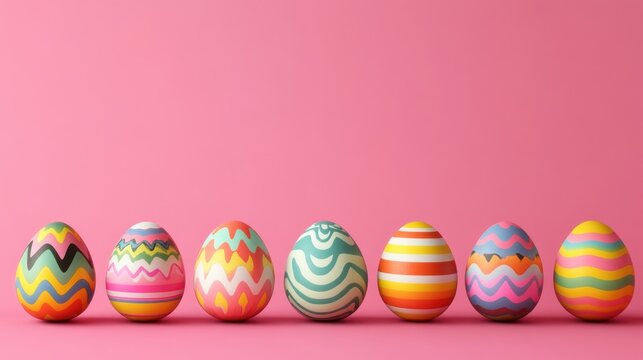 A row of seven colorful and intricately patterned easter eggs displayed against a vibrant pink background, celebrating the spring holiday