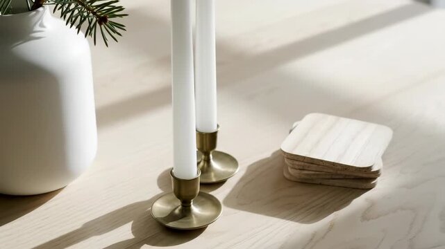 Minimalist home decor with candlesticks creates simple, elegant ambiance with natural elements. Table decor shows soft light casting shadows and highlights textures, inviting relaxation.