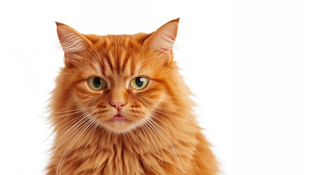 Red ginger cat with a wild expression on a white backdrop, suitable for animal product promotion
