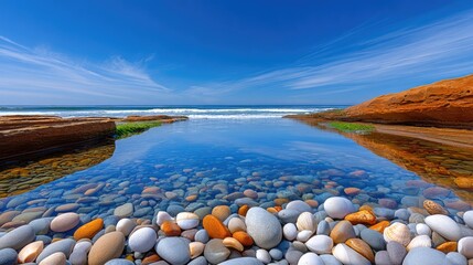 Rocky Shoreline With Calm Tidal Pool Reflecting Clear Blue Sky And White Clouds On A Sunny Day