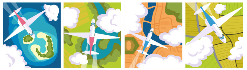 Airliner for travel. Aeroplane with top view. Plane transport in tourism trip. Landscape maps from air. Sea coast and mainland. Aviation atlas. Geographical globe for journey. Vector graphic cards set