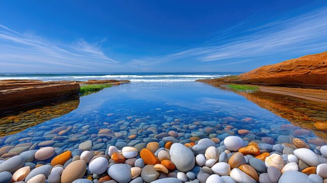 Rocky Shoreline With Calm Tidal Pool Reflecting Clear Blue Sky And White Clouds On A Sunny Day - Powered by Adobe