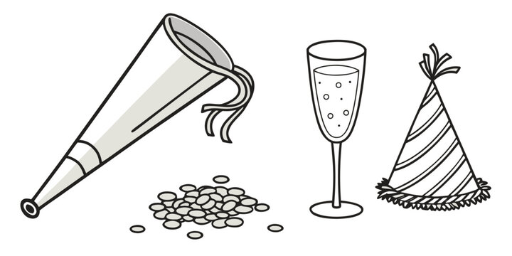 Illustration of a party horn, confetti, champagne glass, and party hat design
