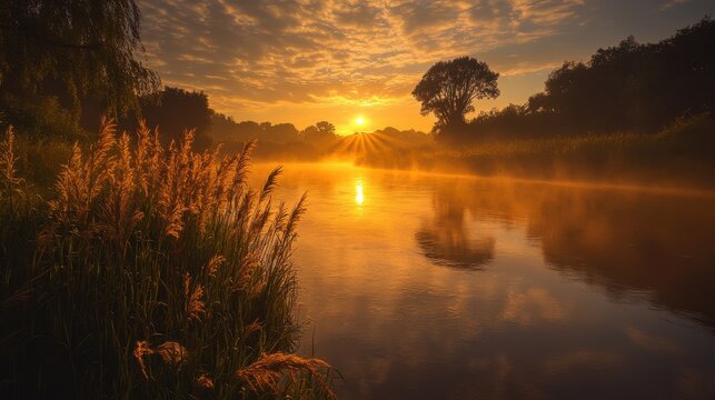 Golden sunrise over a misty river with silhouetted trees and reeds on the bank, casting a warm, serene glow on the tranquil water