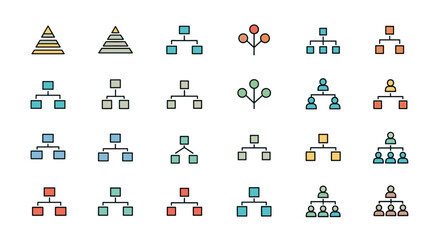Collection of simple linear filled color icons representing hierarchy and organizational structures, including pyramids, flowcharts, and team structures with people icons, suitable for web design